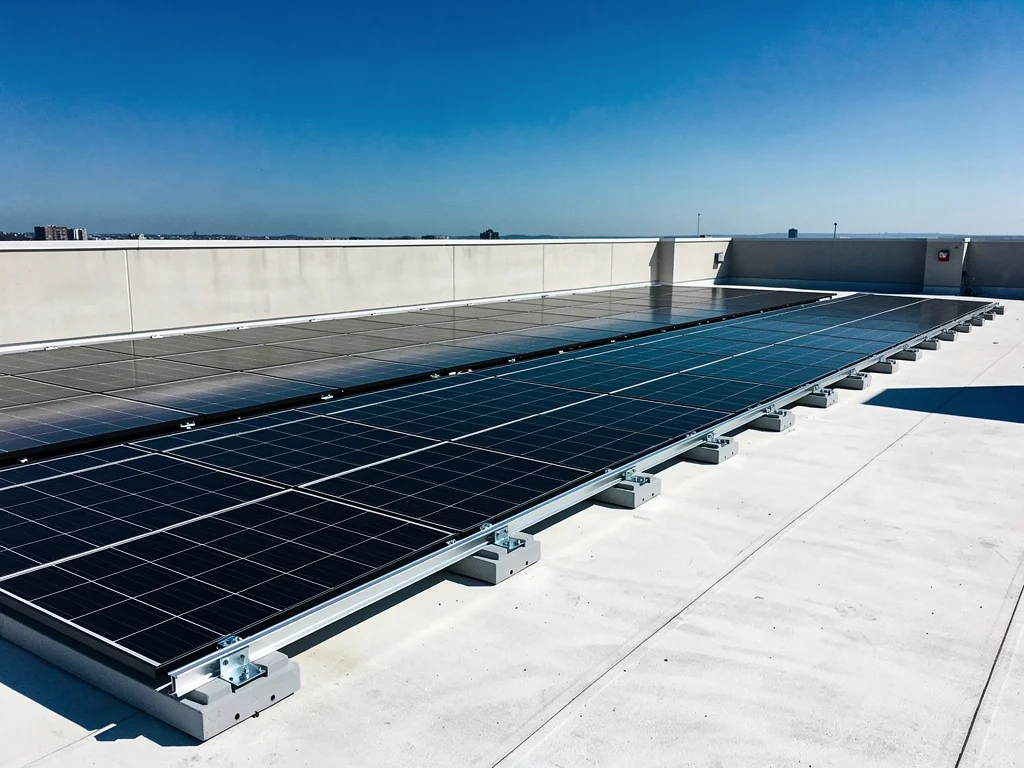 Rangées de modules photovoltaïques sur bacs lestés au bord d'une toiture plate