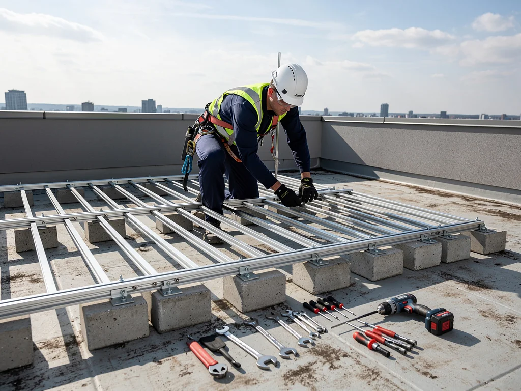 Installateur réglant un support lesté sur la terrasse d'un immeuble